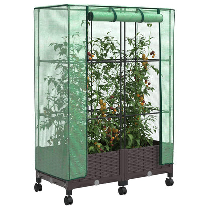 Garden Planter with Greenhouse Cover&Wheels 2 pcs Brown PP
