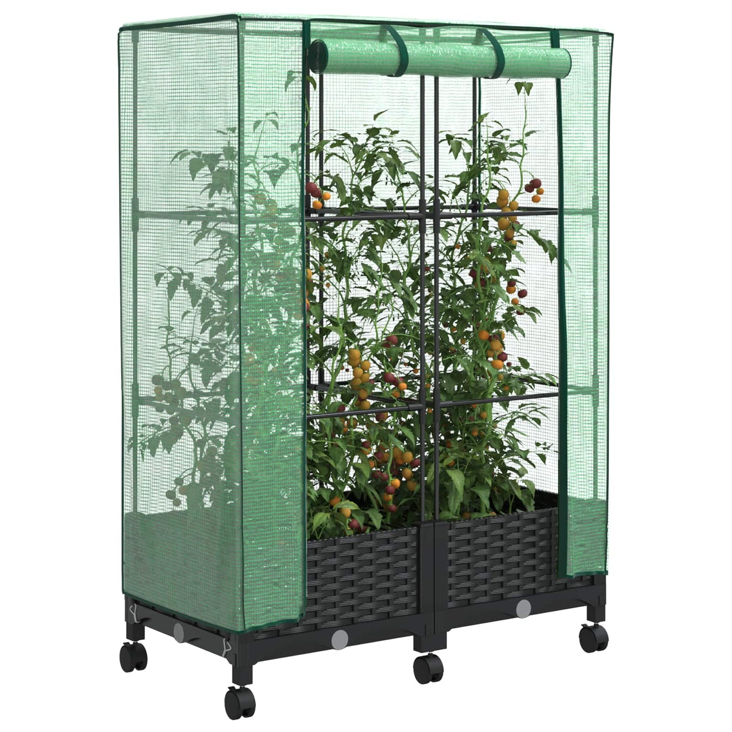 Garden Planter with Greenhouse Cover&Wheels 2 pcs Black PP