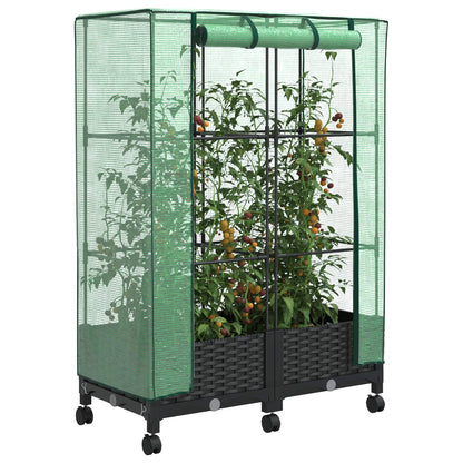 Garden Planter with Greenhouse Cover&Wheels 2 pcs Black PP