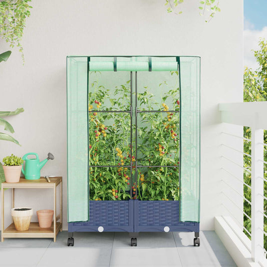 Garden Planter with Greenhouse Cover&Wheels 2 pcs Blue Grey PP