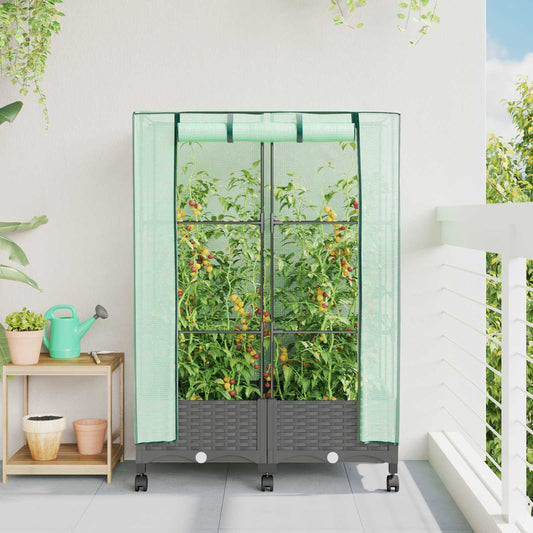 Garden Planter with Greenhouse Cover&Wheels 2 pcs Light Grey PP
