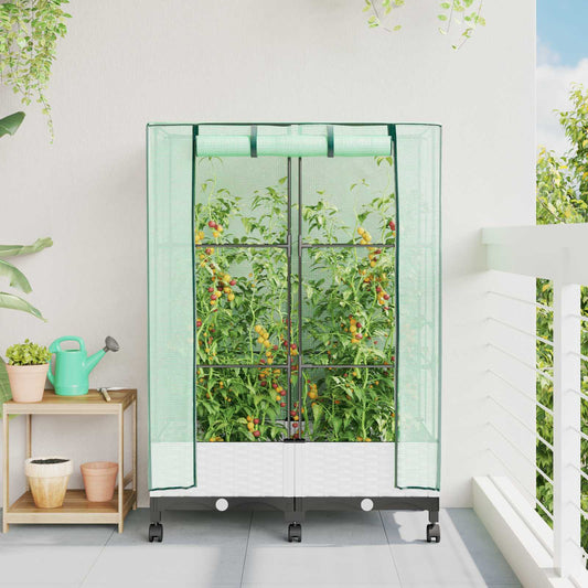 Garden Planter with Greenhouse Cover&Wheels 2 pcs White PP