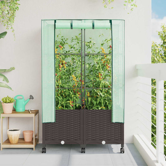 Garden Planter with Greenhouse Cover&Wheels 2 pcs Brown PP