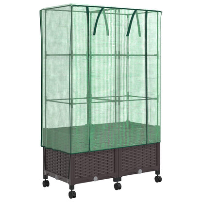 Garden Planter with Greenhouse Cover&Wheels 2 pcs Brown PP
