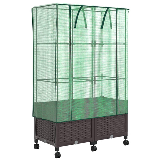 Garden Planter with Greenhouse Cover&Wheels 2 pcs Brown PP