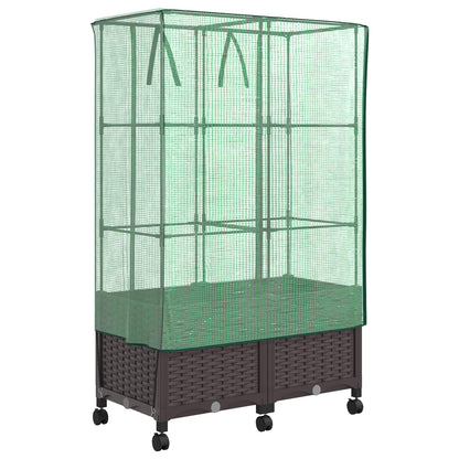Garden Planter with Greenhouse Cover&Wheels 2 pcs Brown PP