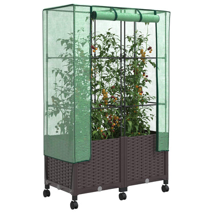 Garden Planter with Greenhouse Cover&Wheels 2 pcs Brown PP