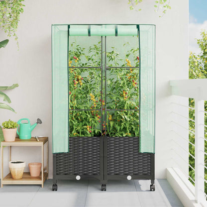 Garden Planter with Greenhouse Cover&Wheels 2 pcs Black PP