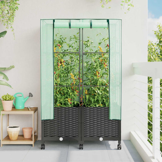 Garden Planter with Greenhouse Cover&Wheels 2 pcs Black PP