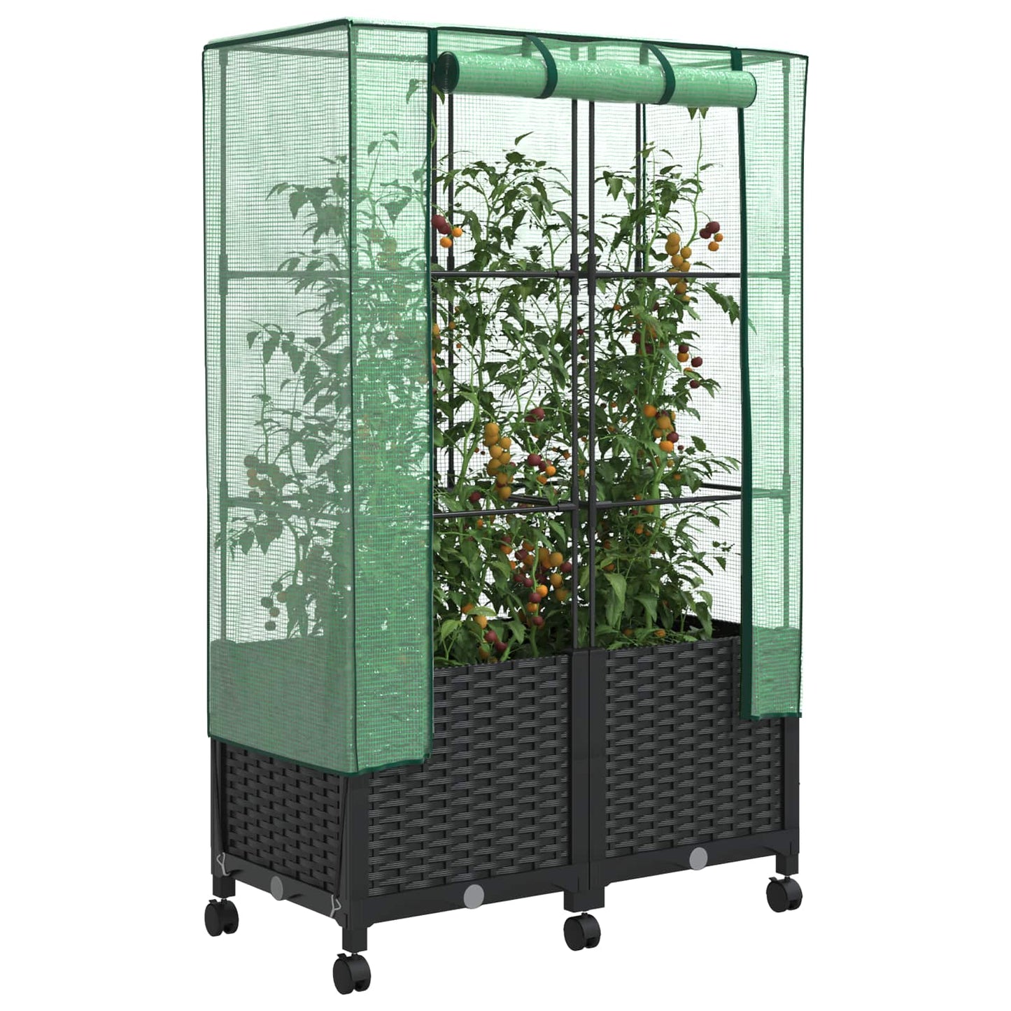 Garden Planter with Greenhouse Cover&Wheels 2 pcs Black PP