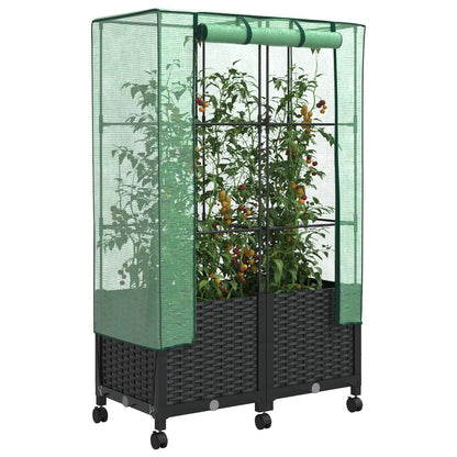 Garden Planter with Greenhouse Cover&Wheels 2 pcs Black PP