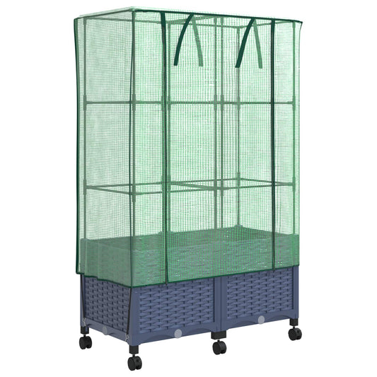 Garden Planter with Greenhouse Cover&Wheels 2 pcs Blue Grey PP