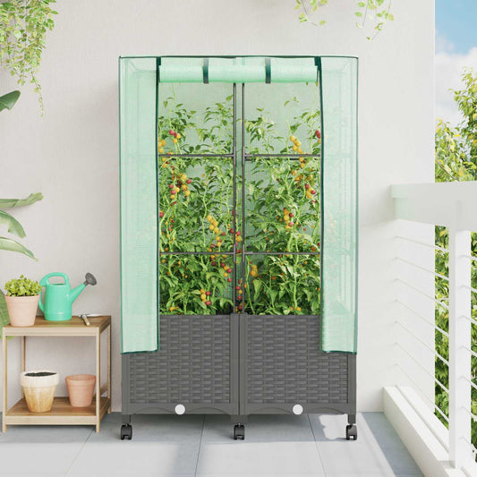 Garden Planter with Greenhouse Cover&Wheels 2 pcs Light Grey PP