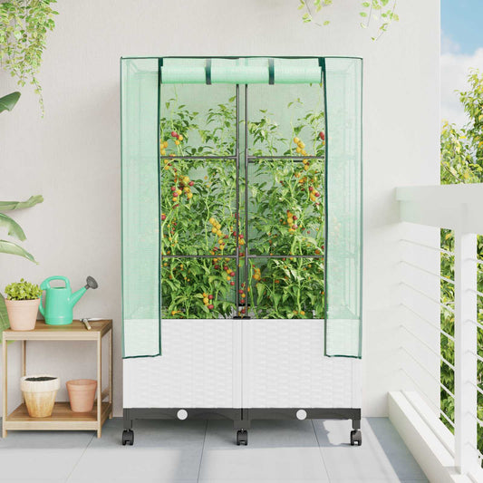 Garden Planter with Greenhouse Cover&Wheels 2 pcs White PP