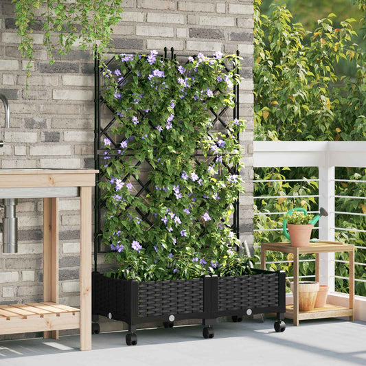 Garden Planter with Trellis&Wheels 2 pcs Black PP