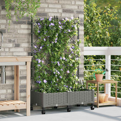 Garden Planter with Trellis&Wheels 2 pcs Light Grey PP
