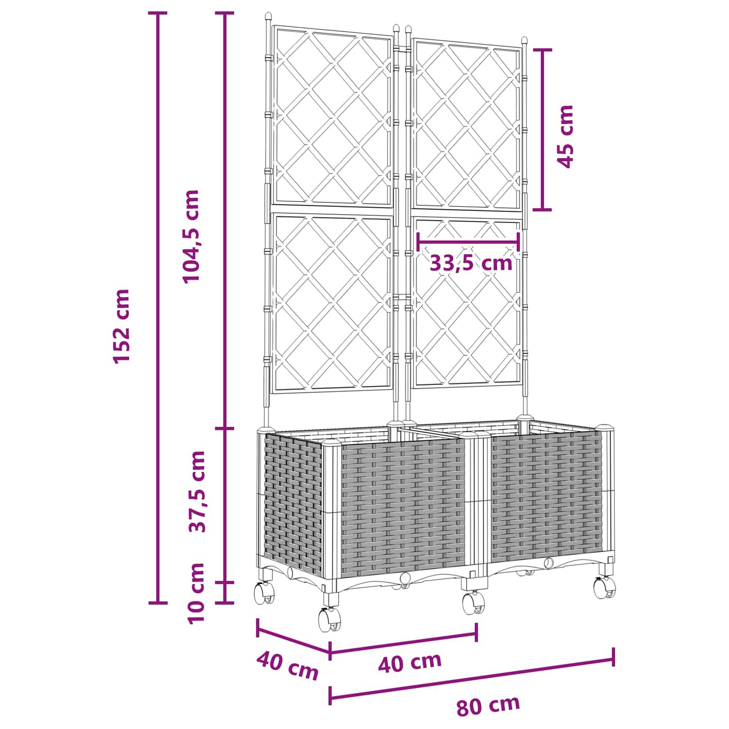Garden Planter with Trellis&Wheels 2 pcs Black 80 x 40 x 149 cm