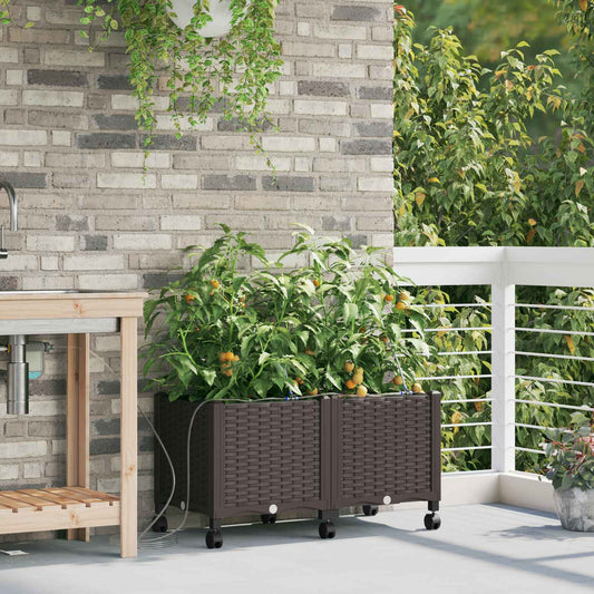 Garden Planter with Irrigation&Wheels 2 pcs Brown PP