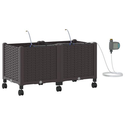 Garden Planter with Irrigation&Wheels 2 pcs Brown PP