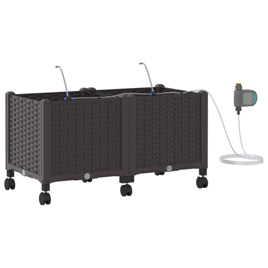 Garden Planter with Irrigation&Wheels 2 pcs Brown PP