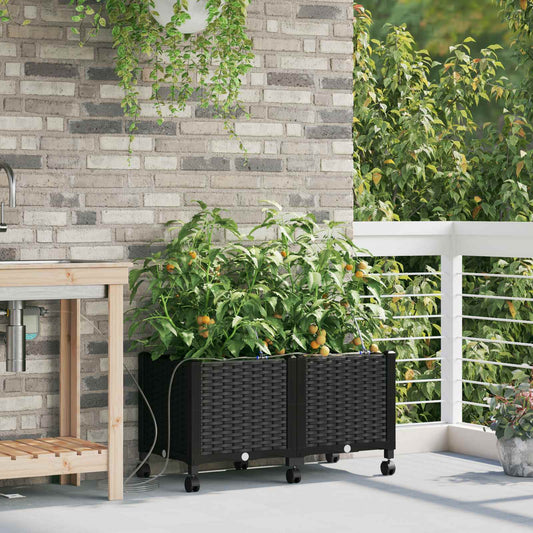Garden Planter with Irrigation&Wheels 2 pcs Black PP