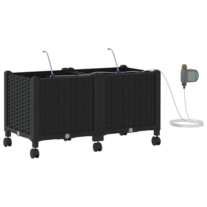 Garden Planter with Irrigation&Wheels 2 pcs Black PP
