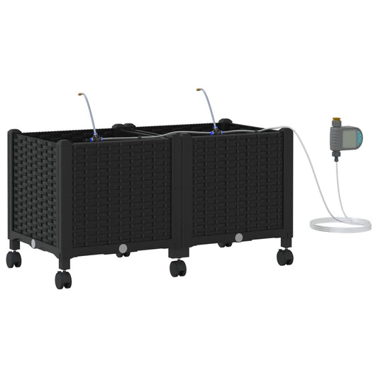 Garden Planter with Irrigation&Wheels 2 pcs Black PP