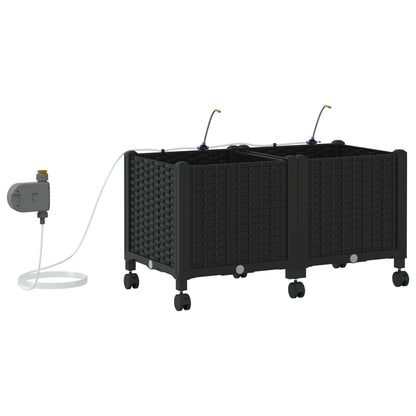 Garden Planter with Irrigation&Wheels 2 pcs Black PP