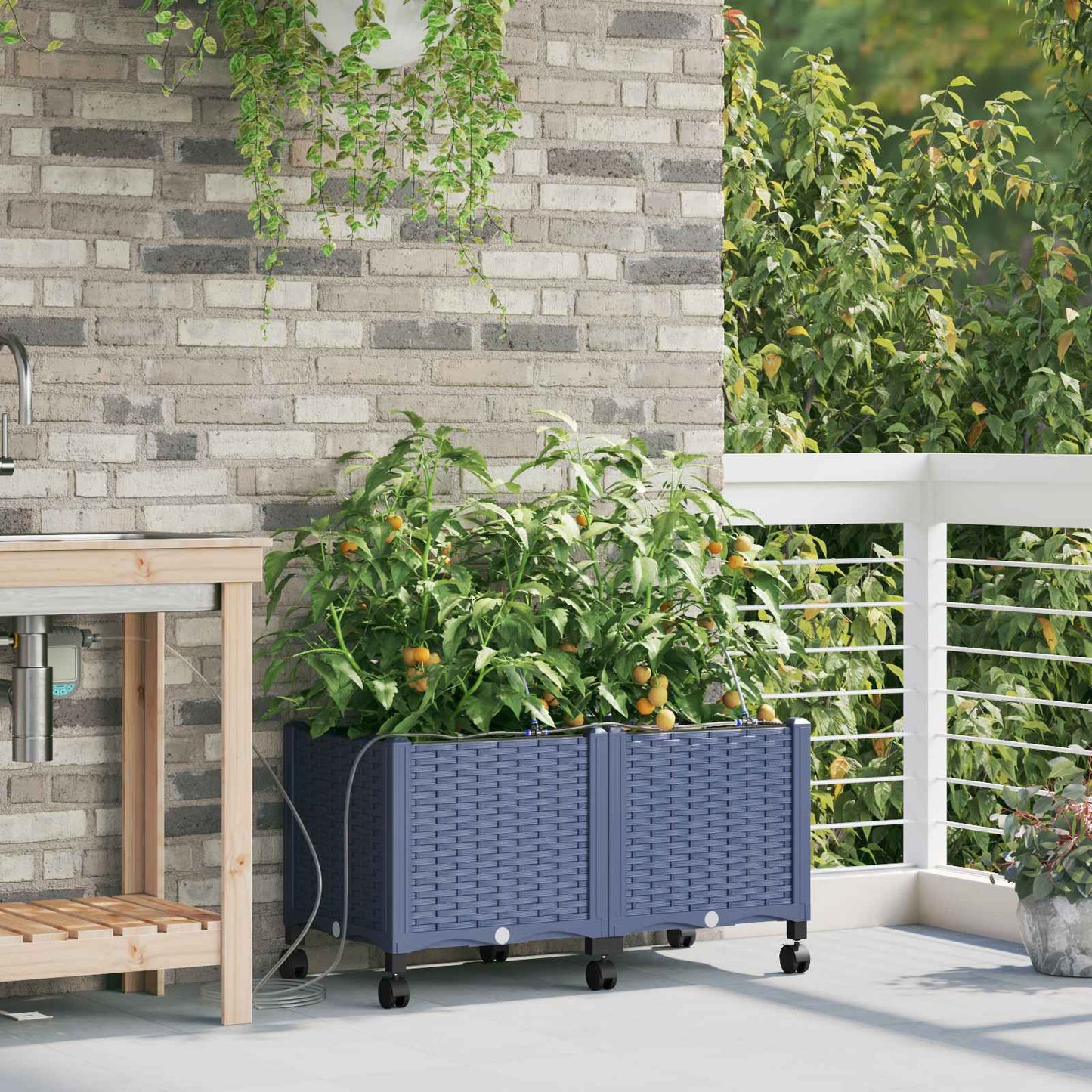 Garden Planter with Irrigation&Wheels 2 pcs Grey PP