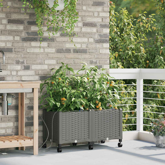 Garden Planter with Irrigation&Wheels 2 pcs Light Grey PP