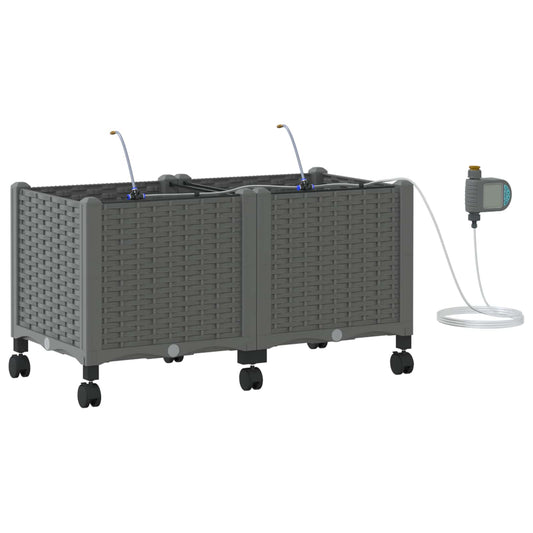 Garden Planter with Irrigation&Wheels 2 pcs Light Grey PP