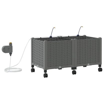 Garden Planter with Irrigation&Wheels 2 pcs Light Grey PP