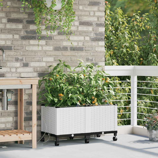 Garden Planter with Irrigation&Wheels 2 pcs White PP