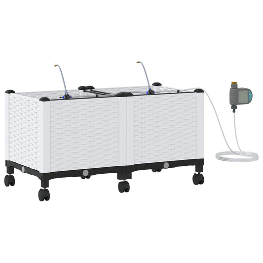 Garden Planter with Irrigation&Wheels 2 pcs White PP