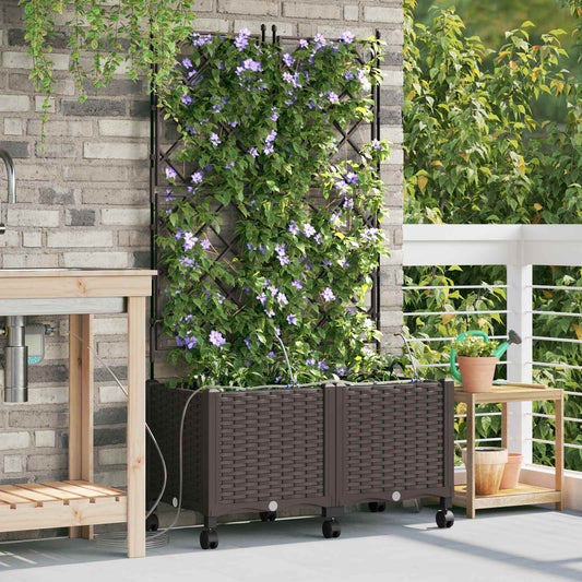 Garden Planter with Irrigation&Wheels 2 pcs Brown PP