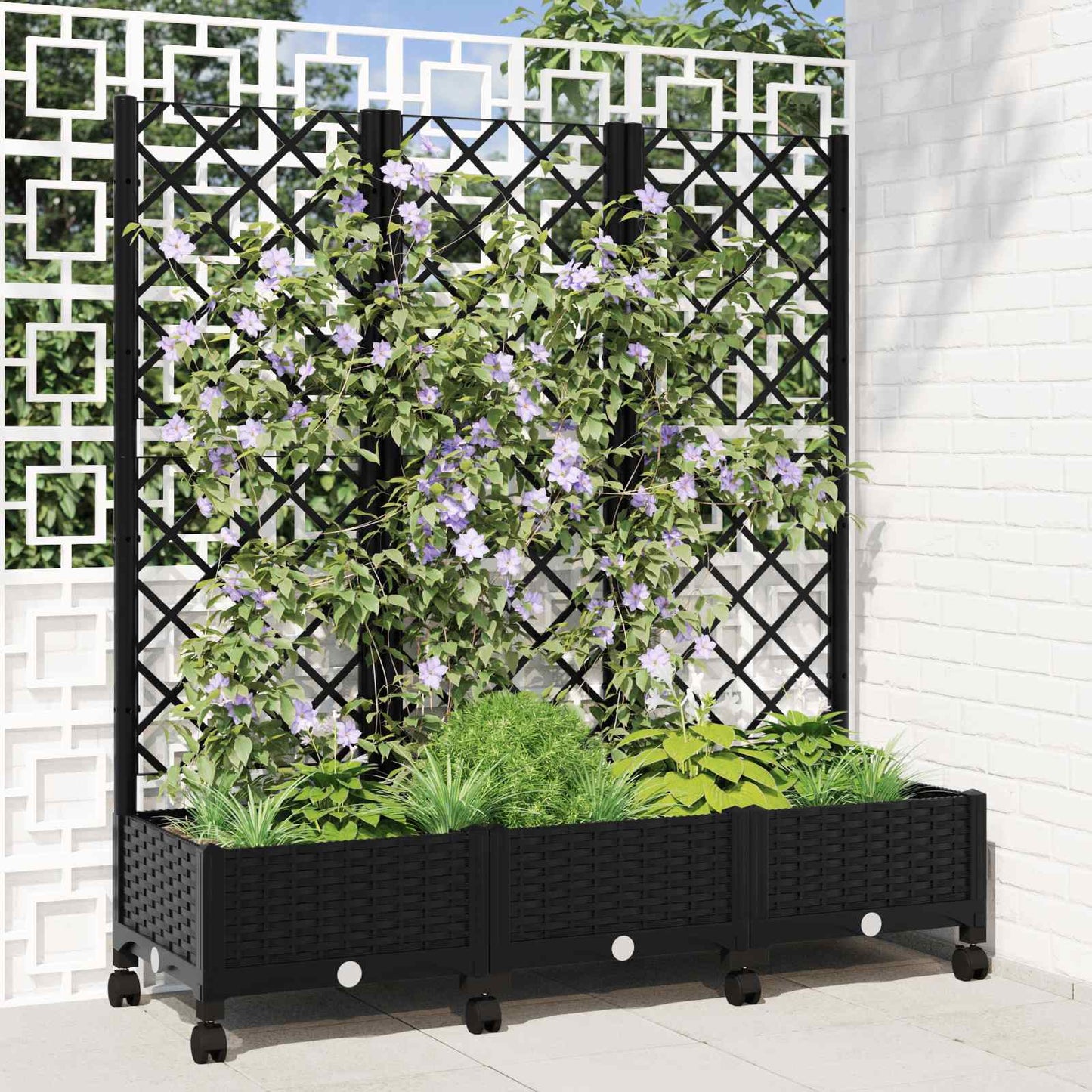 Garden Planter with Trellis&Wheels Black 120 x 40 x 131.5 cm PP