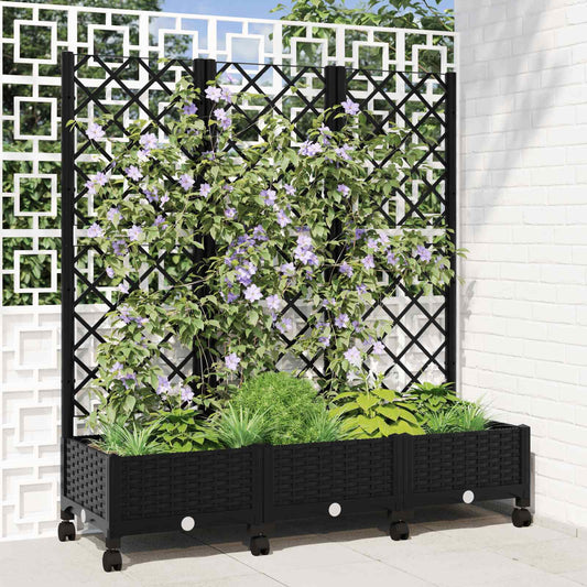 Garden Planter with Trellis&Wheels Black 120 x 40 x 131.5 cm PP