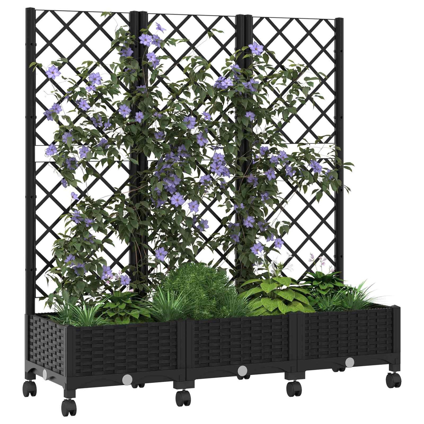 Garden Planter with Trellis&Wheels Black 120 x 40 x 131.5 cm PP
