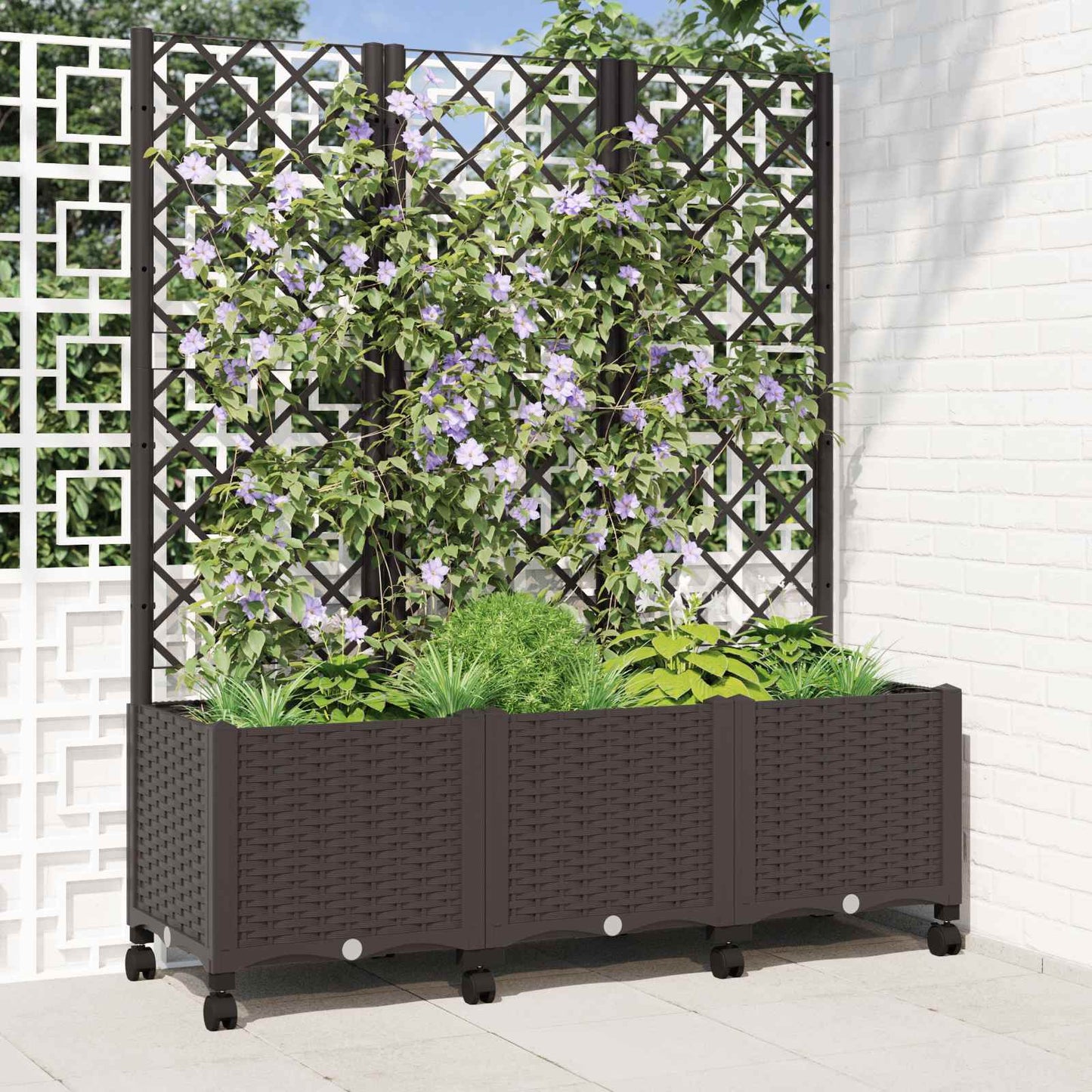 Garden Planter with Trellis&Wheels Brown 120 x 40 x 146 cm PP