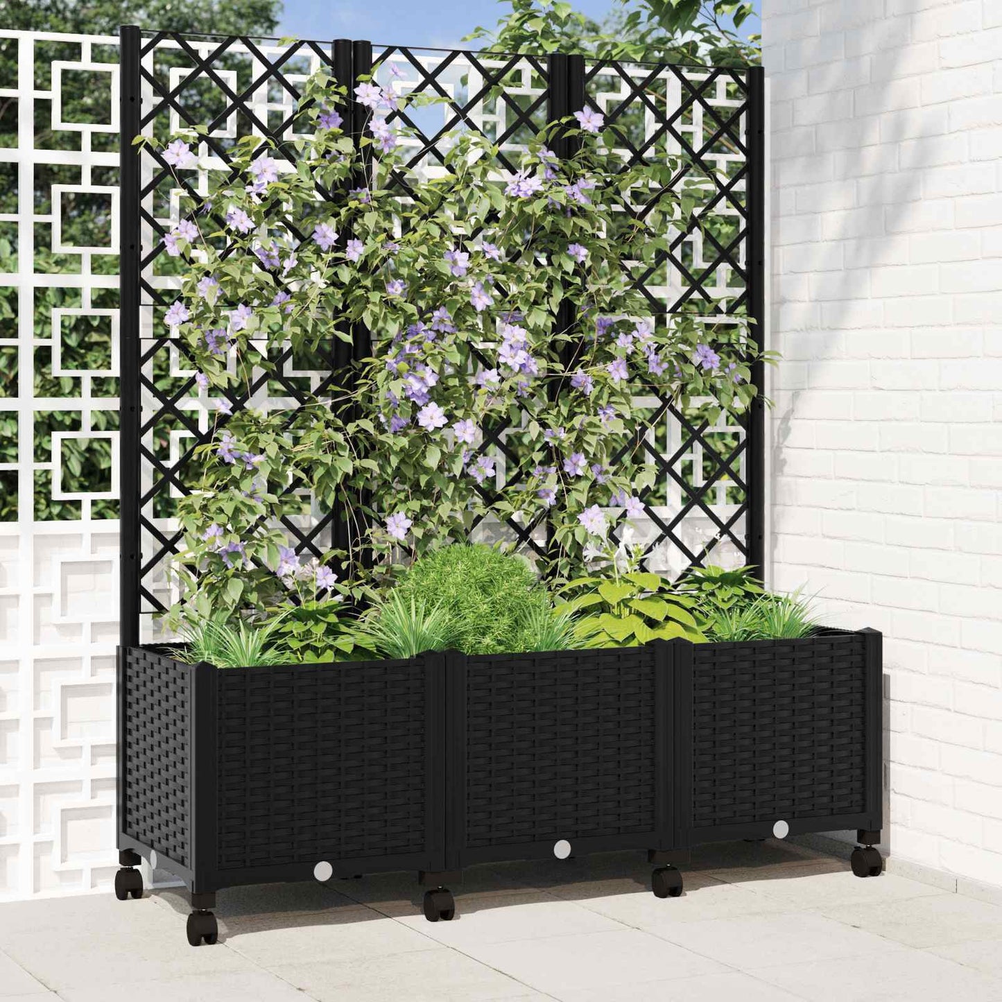 Garden Planter with Trellis&Wheels Black 120 x 40 x 146 cm PP
