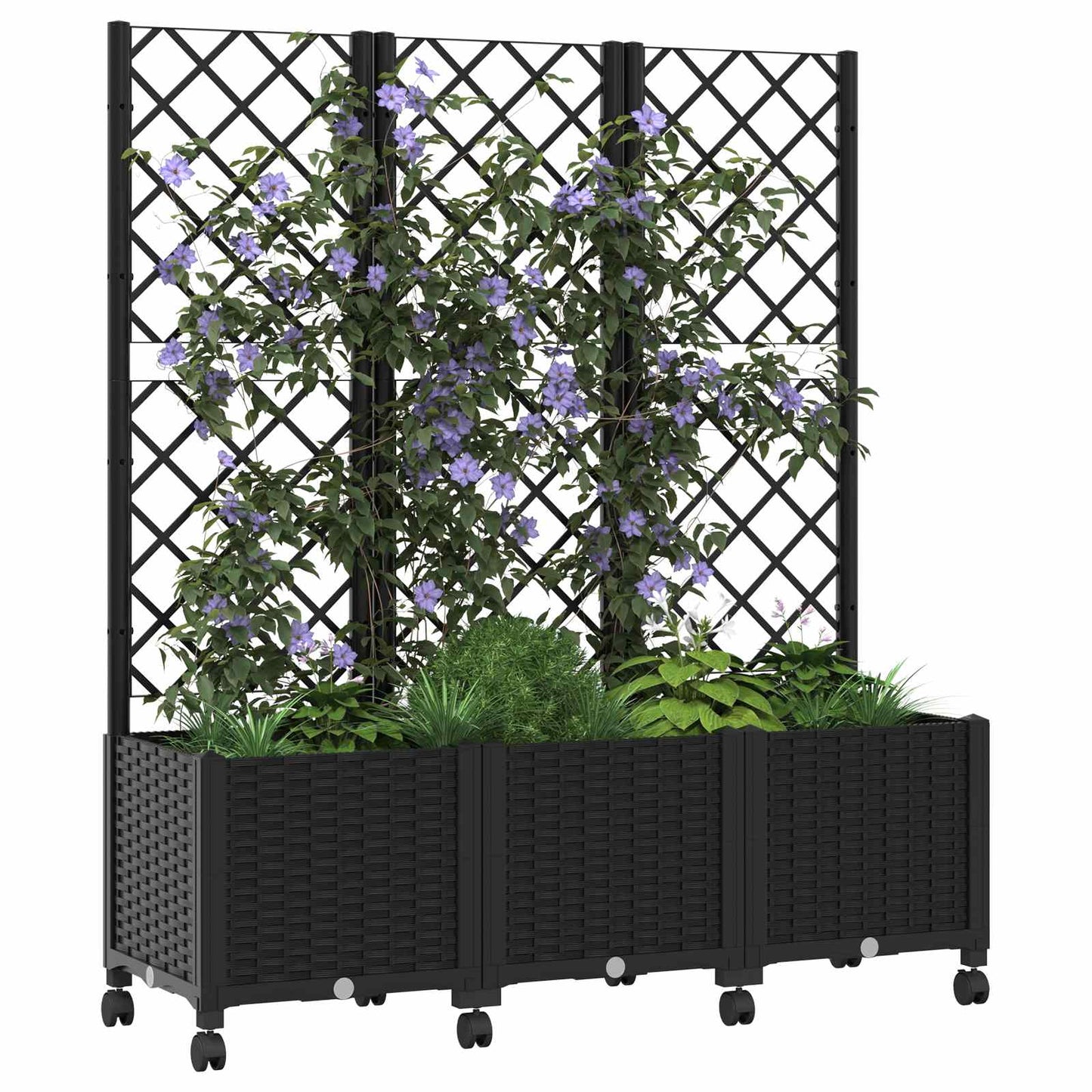 Garden Planter with Trellis&Wheels Black 120 x 40 x 146 cm PP