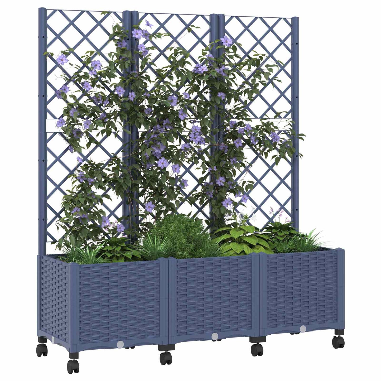 Garden Planter with Trellis&Wheels Blue Grey 120 x 40 x 146 cm