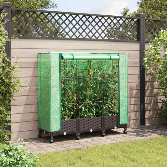 Garden Planter with Greenhouse Cover&Wheels 3 pcs Brown PP