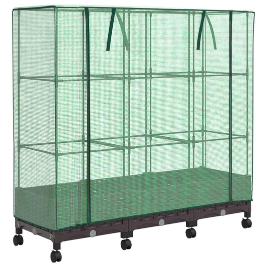Garden Planter with Greenhouse Cover&Wheels 3 pcs Brown PP