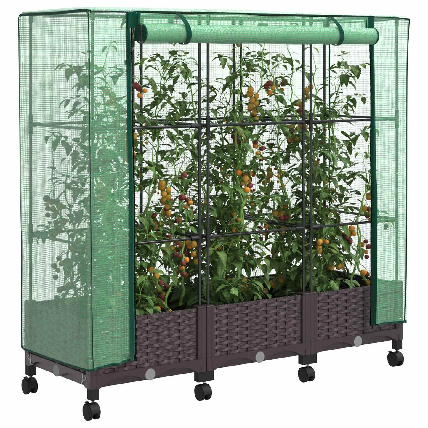 Garden Planter with Greenhouse Cover&Wheels 3 pcs Brown PP