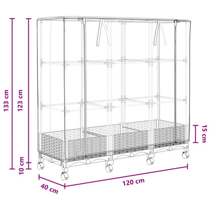 Garden Planter with Greenhouse Cover&Wheels 3 pcs Brown PP