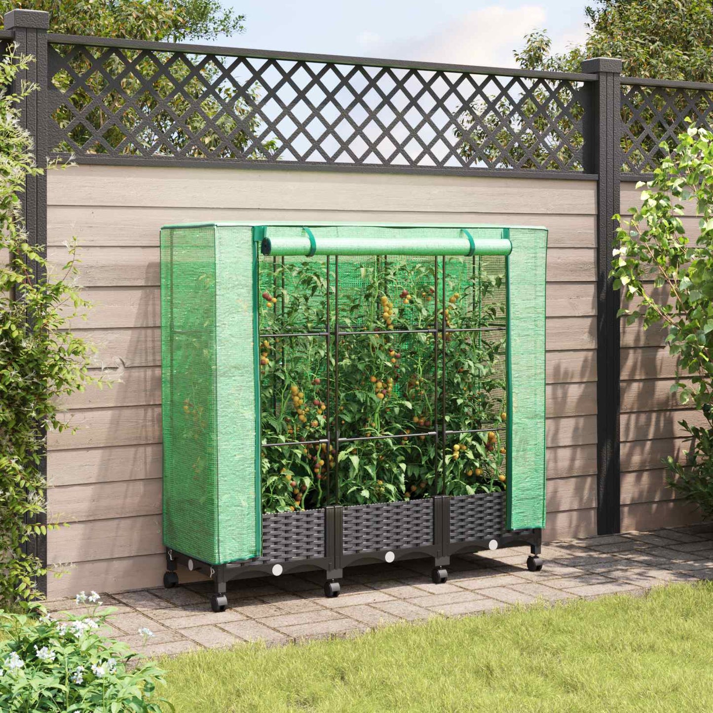 Garden Planter with Greenhouse Cover&Wheels 3 pcs Black PP