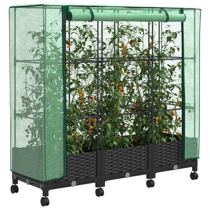 Garden Planter with Greenhouse Cover&Wheels 3 pcs Black PP