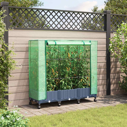 Garden Planter with Greenhouse Cover&Wheels 3 pcs Blue Grey PP