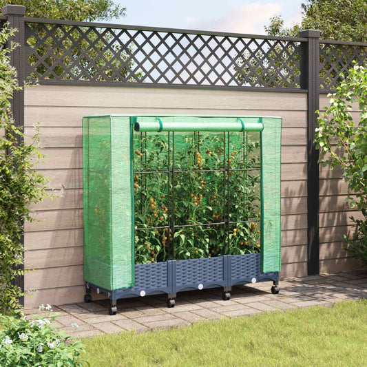 Garden Planter with Greenhouse Cover&Wheels 3 pcs Blue Grey PP